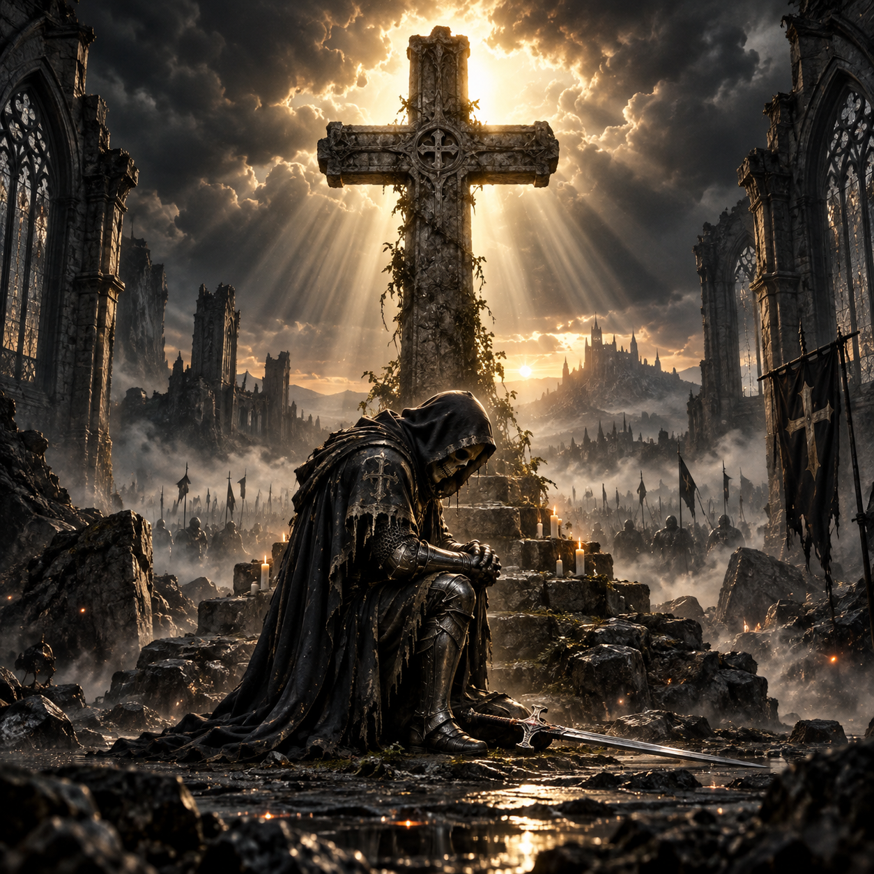 A skeletal warrior kneeling before a cross illuminated by heavenly light